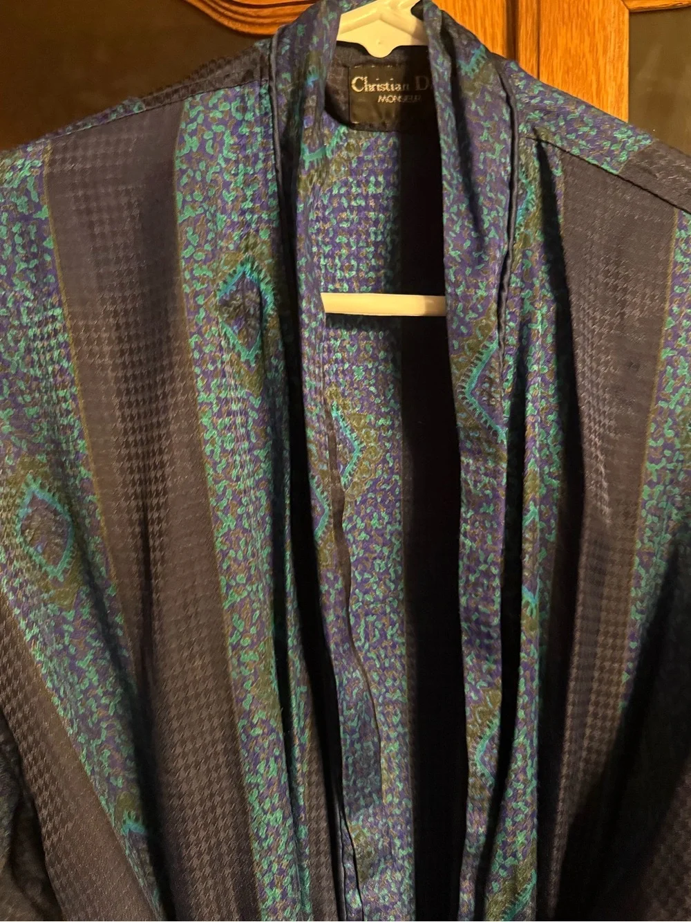 Christian Dior men’s robe one size navy green & blue peacock pattern geometric